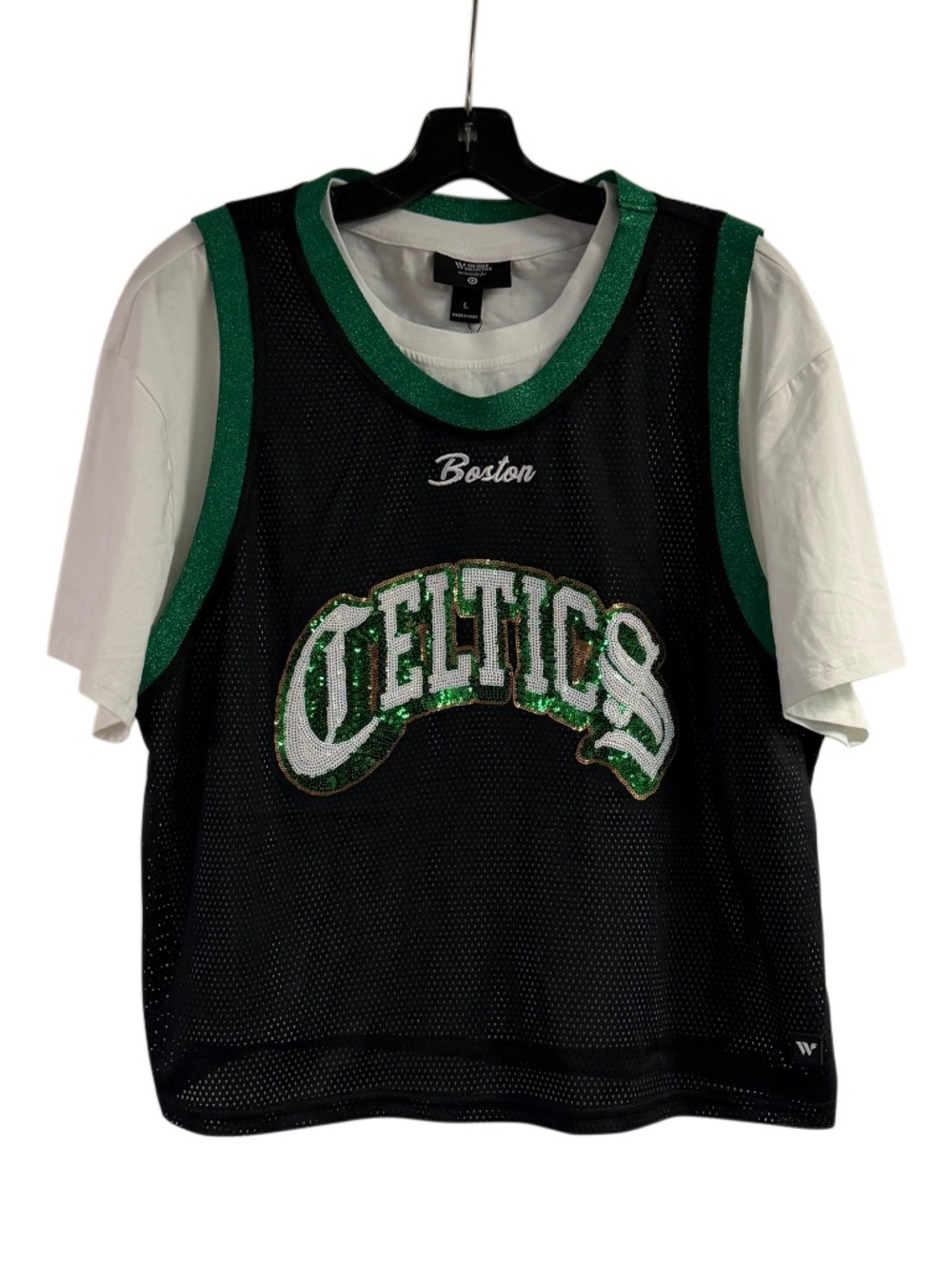 NWT The Wild Collective Boston Celtics Sequin T-shirt Jersey Size L